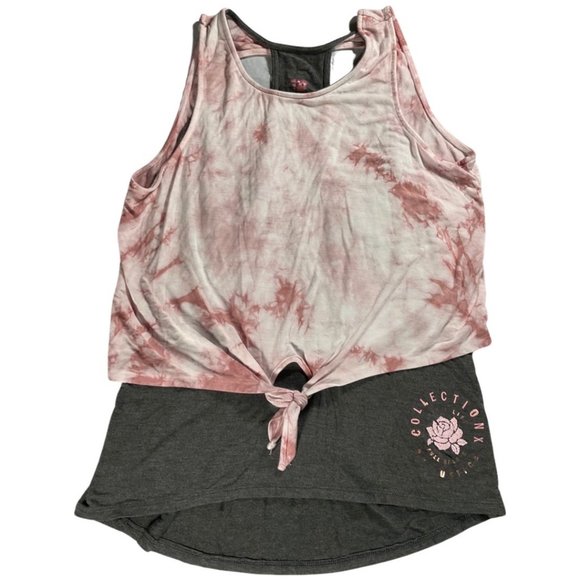 👣 5/$25 -Pink/Grey/White Racerback Layered Tank Top w/ Keyhole Back & Waist Tie - Picture 1 of 3